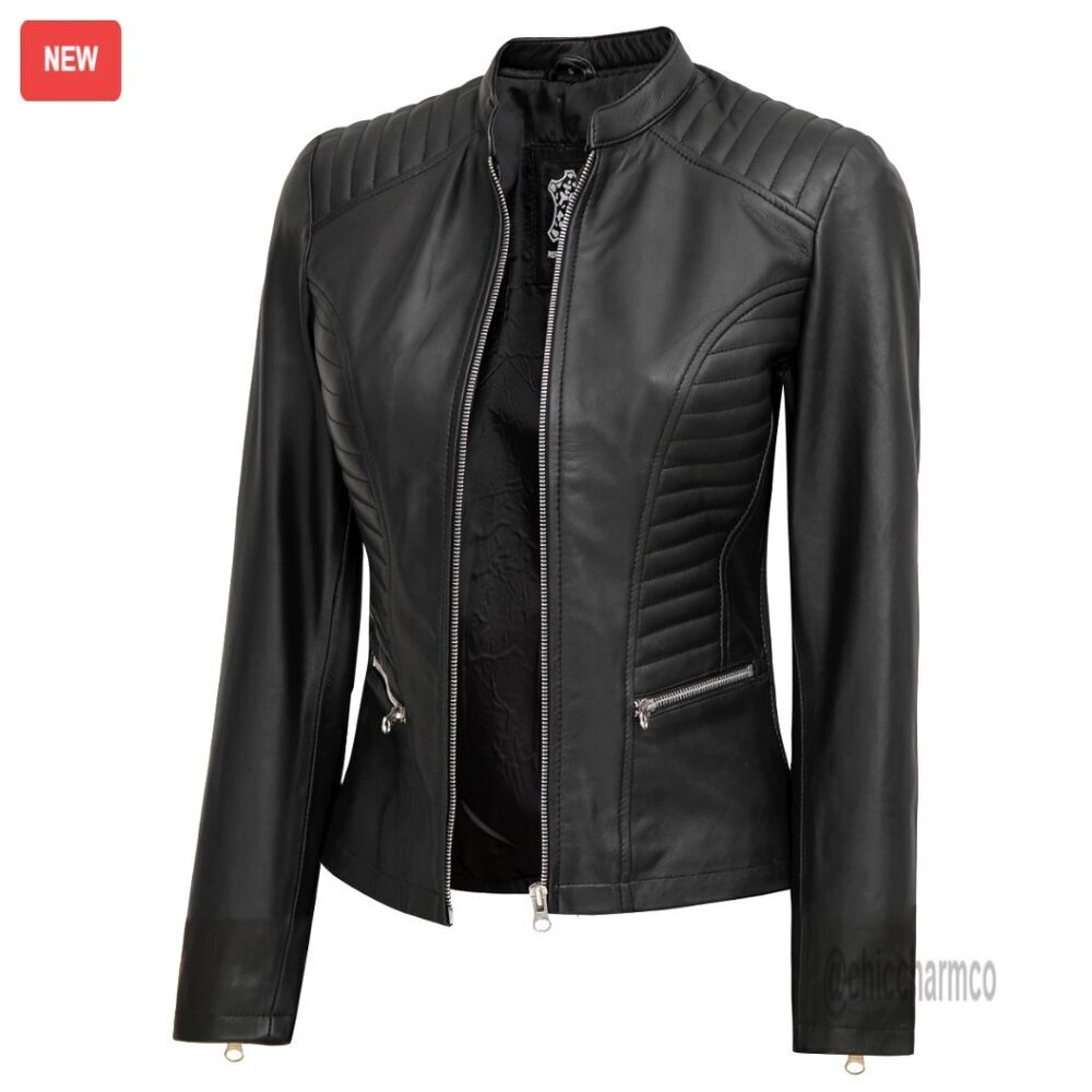 Lambskin Leather Jacket Women's Cafe Racer Style Distressed Zip Closure